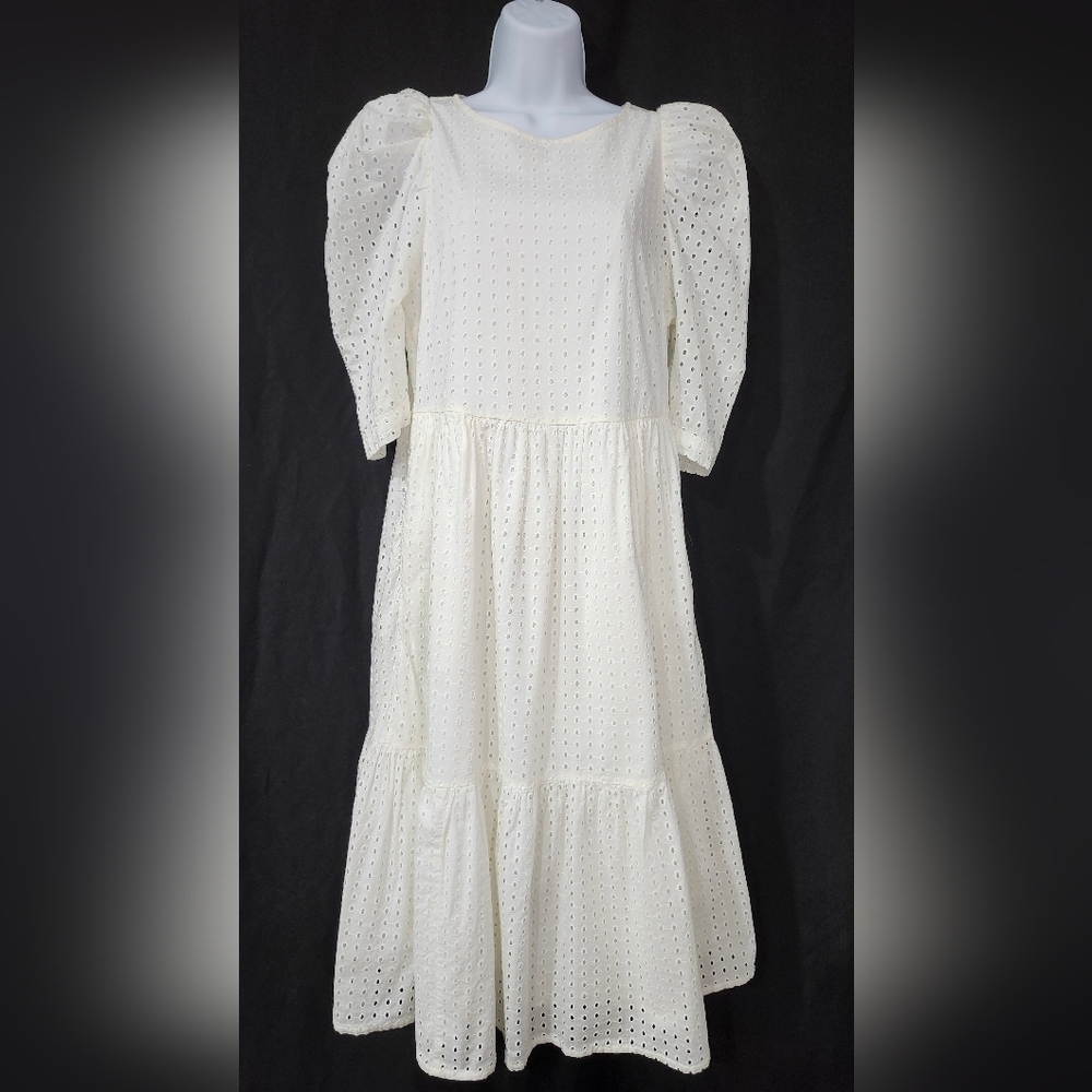 White Eyelet Cotton Tiered Puff Sleeve Midi Dress Womens Small‎ Cottage Romantic